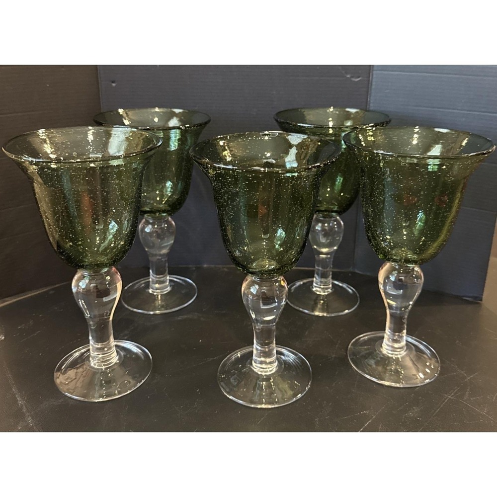 Artland Iris Green Hand Blown‎ Bubble Glass Water Wine Goblets Set of 5